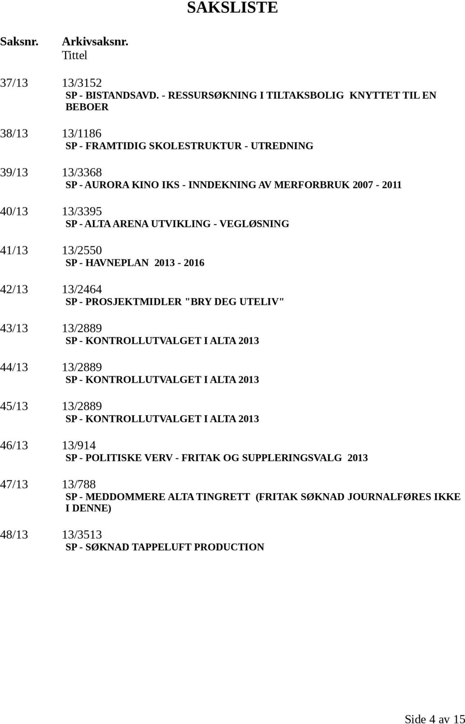 13/3395 SP - ALTA ARENA UTVIKLING - VEGLØSNING 41/13 13/2550 SP - HAVNEPLAN 2013-2016 42/13 13/2464 SP - PROSJEKTMIDLER "BRY DEG UTELIV" 43/13 13/2889 SP - KONTROLLUTVALGET I ALTA 2013
