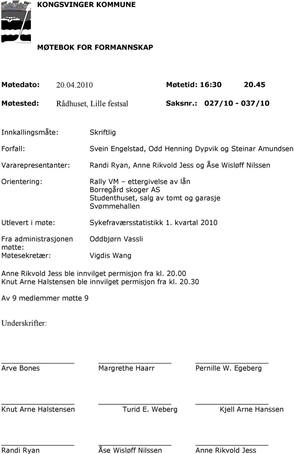 VM ettergivelse av lån Borregård skoger AS Studenthuset, salg av tomt og garasje Svømmehallen Utlevert i møte: Sykefraværsstatistikk 1.