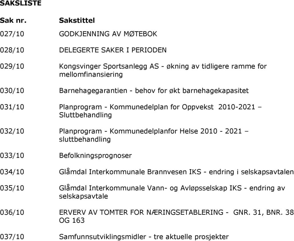 Barnehagegarantien - behov for økt barnehagekapasitet 031/10 Planprogram - Kommunedelplan for Oppvekst 2010-2021 Sluttbehandling 032/10 Planprogram - Kommunedelplanfor Helse