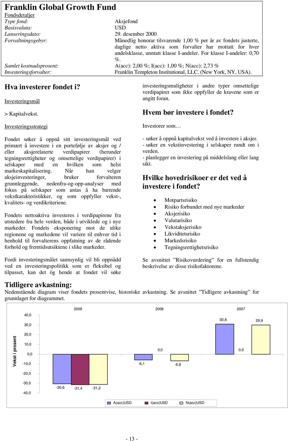 For klasse I-andeler: 0,70 %. Samlet kostnadsprosent: A(acc): 2,00 %; I(acc): 1,00 %; N(acc): 2,73 % Investeringsforvalter: Franklin Templeton Institutional, LLC. (New York, NY, USA).