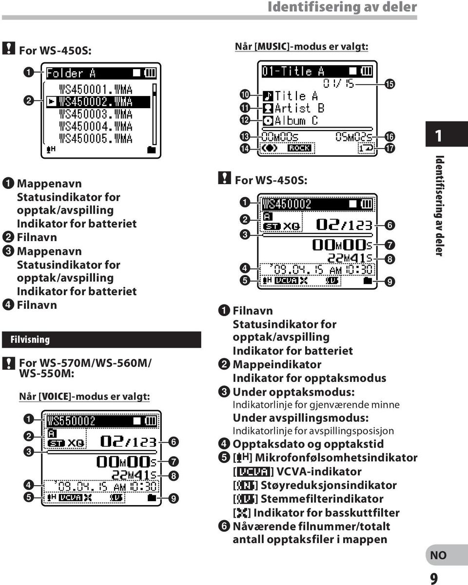 WS-570M/WS-560M/ WS-550M: Når [VOICE]-modus er valgt: 1 2 3 4 5 6 7 8 9 " For WS-450S: 1 2 3 4 5 6 7 8 9 1 Filnavn Statusindikator for opptak/avspilling Indikator for batteriet 2 Mappeindikator