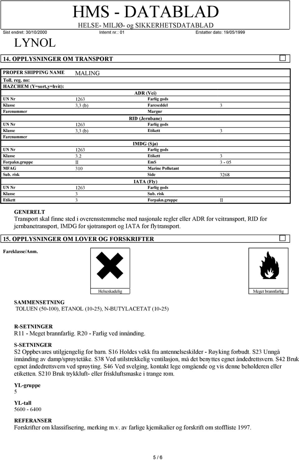 gruppe II EmS 3-05 MFAG 310 Marine Pollutant Sub. risk Side 3268 IATA (Fly) Klasse 3 Sub. risk Etikett 3 Forpakn.