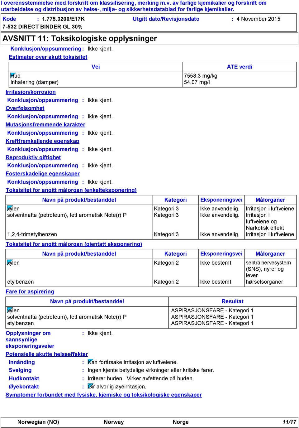 Konklusjon/oppsummering Overfølsomhet Konklusjon/oppsummering Mutasjonsfremmende karakter Konklusjon/oppsummering Kreftfremkallende egenskap Konklusjon/oppsummering Reproduktiv giftighet