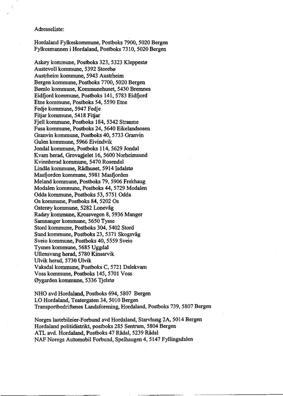 kommune, 5947 Fedje Fitjar kommune, 5418 Fitjar Fjell kommune, Postboks 184, 5342 Straume Fusa kommune, Postboks 24, 564 Eikelandsosen Granvin kommune, Postboks 4, 5733 Granvin Gulen kommune, 5966