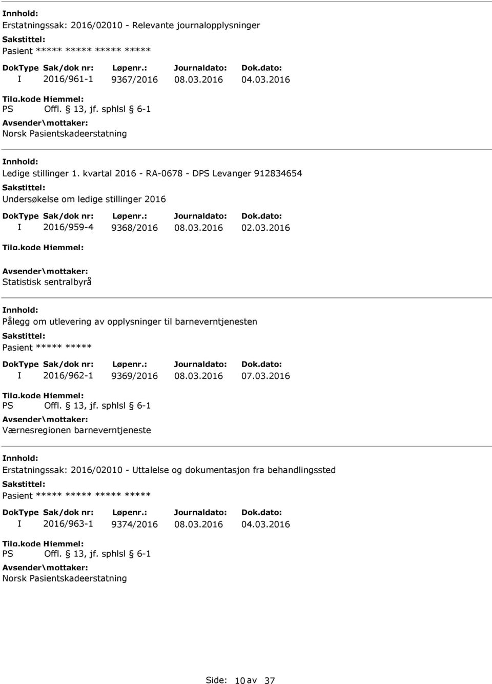 2016 Statistisk sentralbyrå Pålegg om utlevering av opplysninger til barneverntjenesten Pasient ***** ***** 2016/962-1 9369/2016