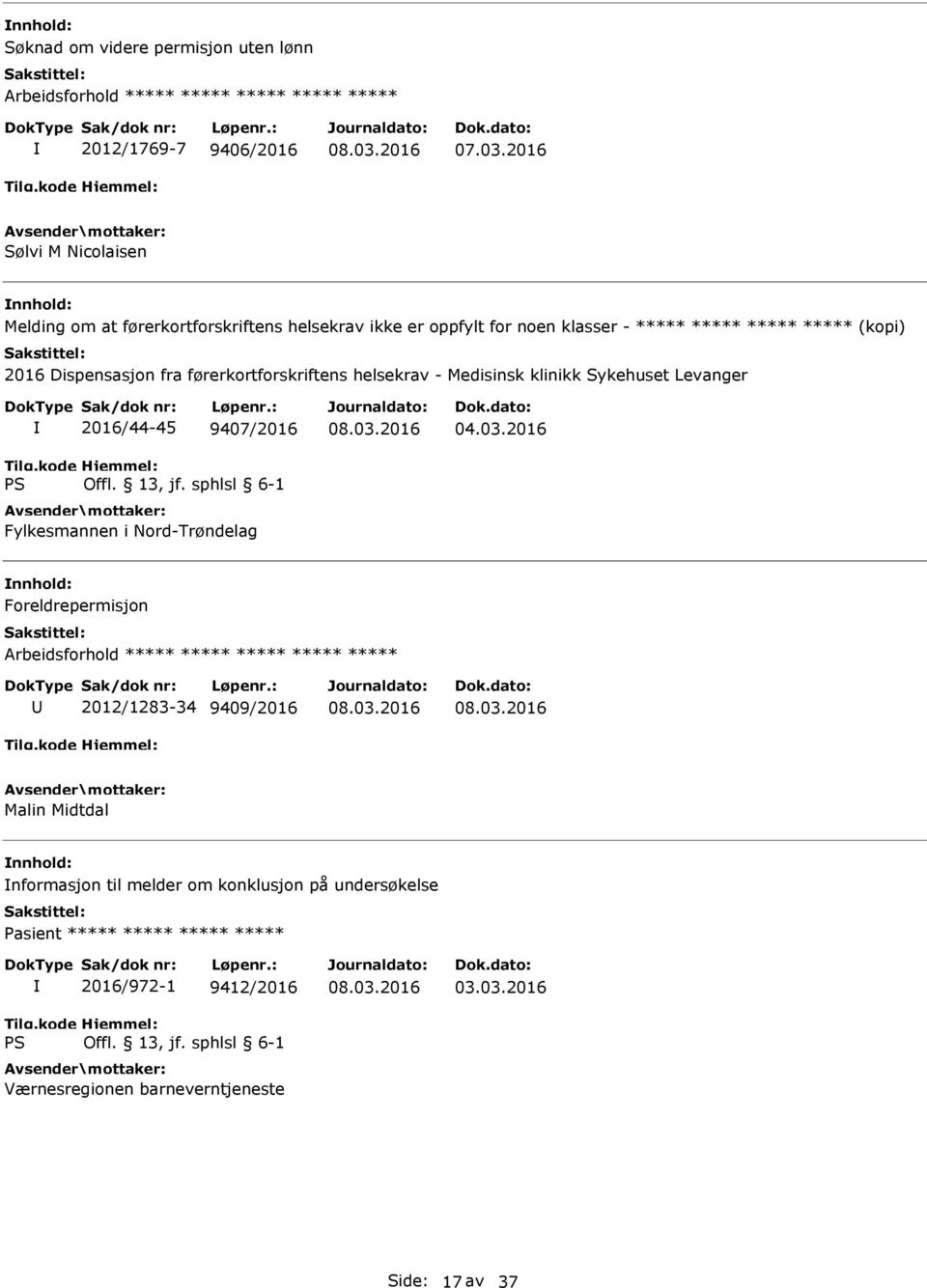 - Medisinsk klinikk Sykehuset Levanger 2016/44-45 9407/2016 Fylkesmannen i Nord-Trøndelag Foreldrepermisjon Arbeidsforhold ***** ***** ***** ***** *****