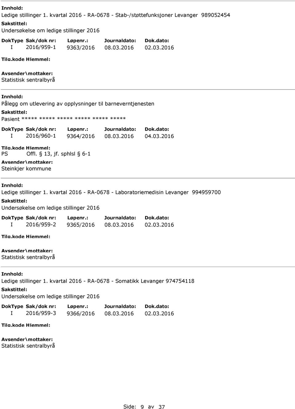 kvartal 2016 - RA-0678 - Laboratoriemedisin Levanger 994959700 ndersøkelse om ledige stillinger 2016 2016/959-2 9365/2016 02.03.