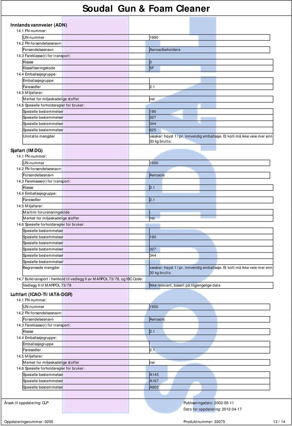 6 Spesielle forholdsregler for bruker: Spesielle bestemmelser 190 Spesielle bestemmelser 327 Spesielle bestemmelser 344 Spesielle bestemmelser 625 Unntatte mengder væsker: h yst 1 l pr.