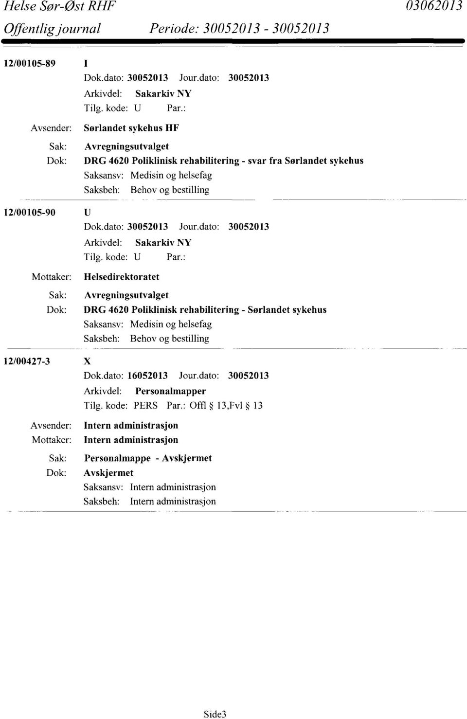 Sørlandet sykehus Medisin og helsefag Behov og bestilling 12/00427-3 X Dok.dato: 16052013 Jour.dato: 30052013 Arkivdel: Personalmapper Tilg.