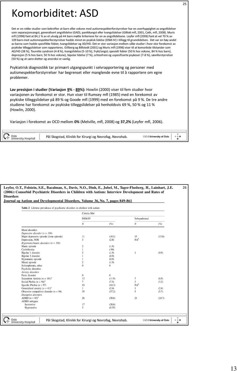 Leyfer mfl (2006) fant at vel 70 % av 109 barn med autismespekterforstyrrelser hadde minst en psykisk lidelse (DSM-IV) i tillegg til grunnlidelsen.