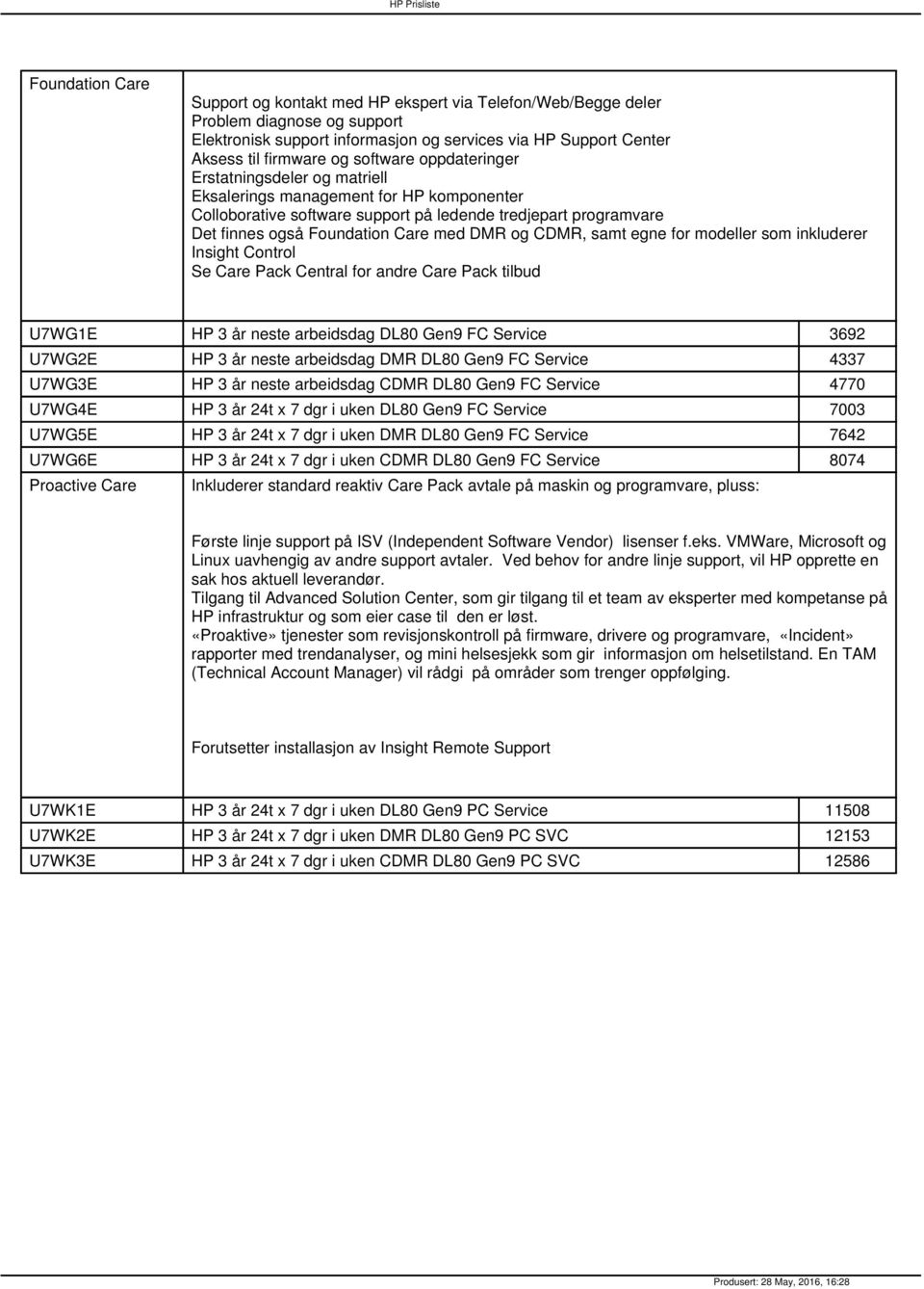 og CDMR, samt egne for modeller som inkluderer Insight Control Se Care Pack Central for andre Care Pack tilbud U7WG1E HP 3 år neste arbeidsdag DL80 Gen9 FC Service 3692 U7WG2E HP 3 år neste