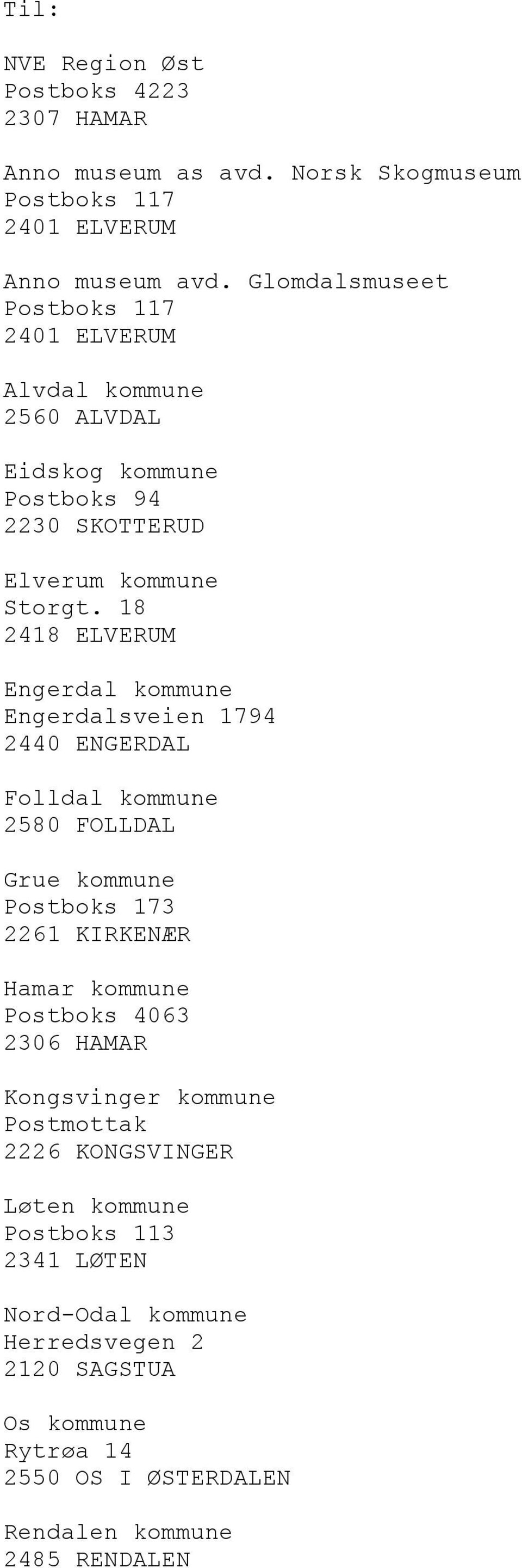 18 2418 ELVERUM Engerdal kommune Engerdalsveien 1794 2440 ENGERDAL Folldal kommune 2580 FOLLDAL Grue kommune Postboks 173 2261 KIRKENÆR Hamar kommune Postboks