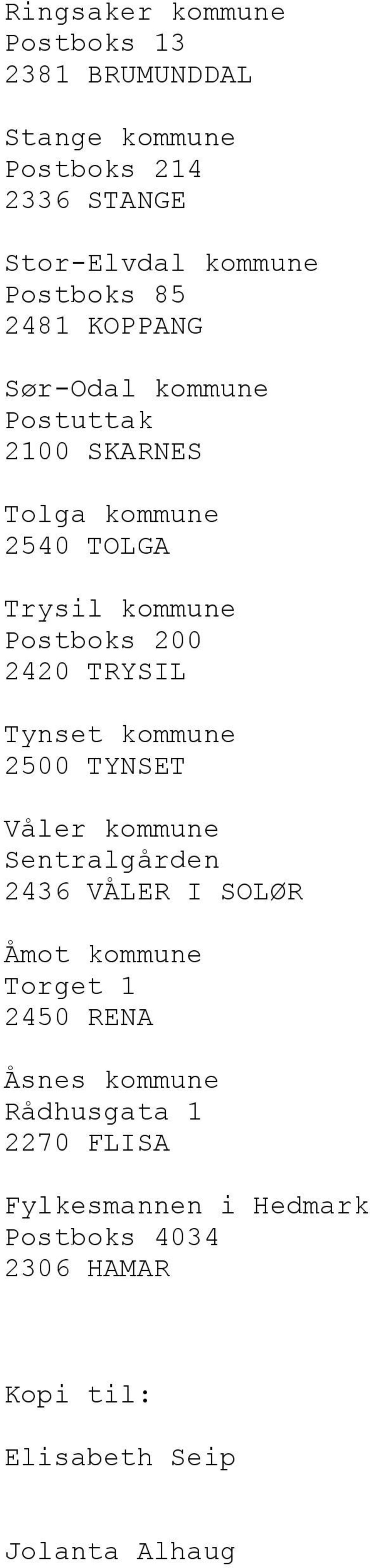 TRYSIL Tynset kommune 2500 TYNSET Våler kommune Sentralgården 2436 VÅLER I SOLØR Åmot kommune Torget 1 2450 RENA