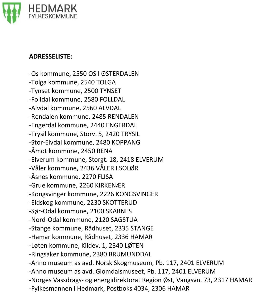 18, 2418 ELVERUM -Våler kommune, 2436 VÅLER I SOLØR -Åsnes kommune, 2270 FLISA -Grue kommune, 2260 KIRKENÆR -Kongsvinger kommune, 2226 KONGSVINGER -Eidskog kommune, 2230 SKOTTERUD -Sør-Odal kommune,