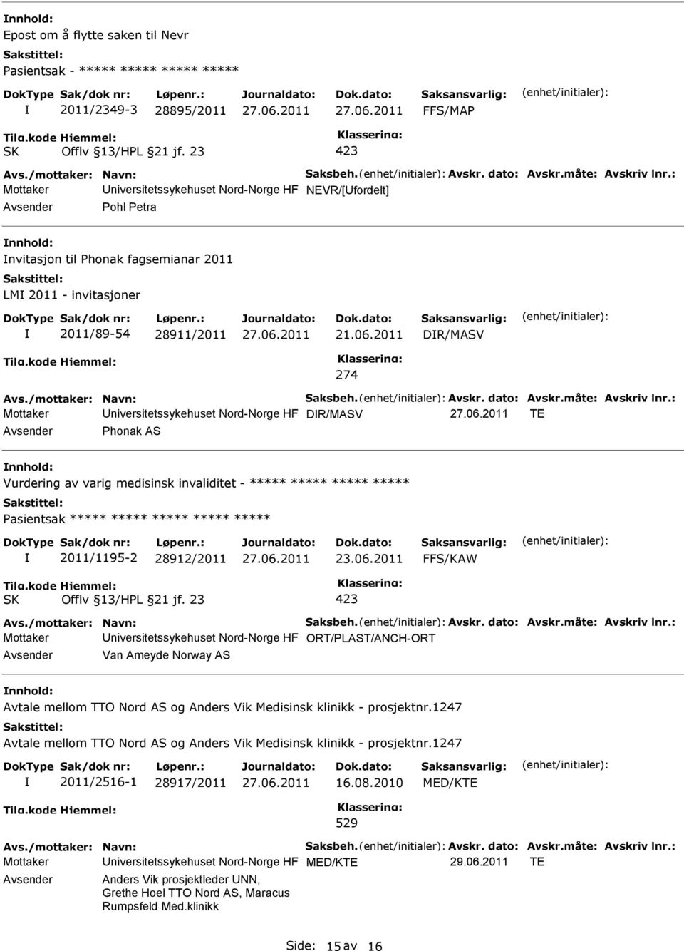 2011 DR/MASV 274 niversitetssykehuset Nord-Norge HF DR/MASV TE honak AS Vurdering av varig medisinsk invaliditet - ***** ***** ***** ***** asientsak ***** ***** ***** ***** ***** 2011/1195-2