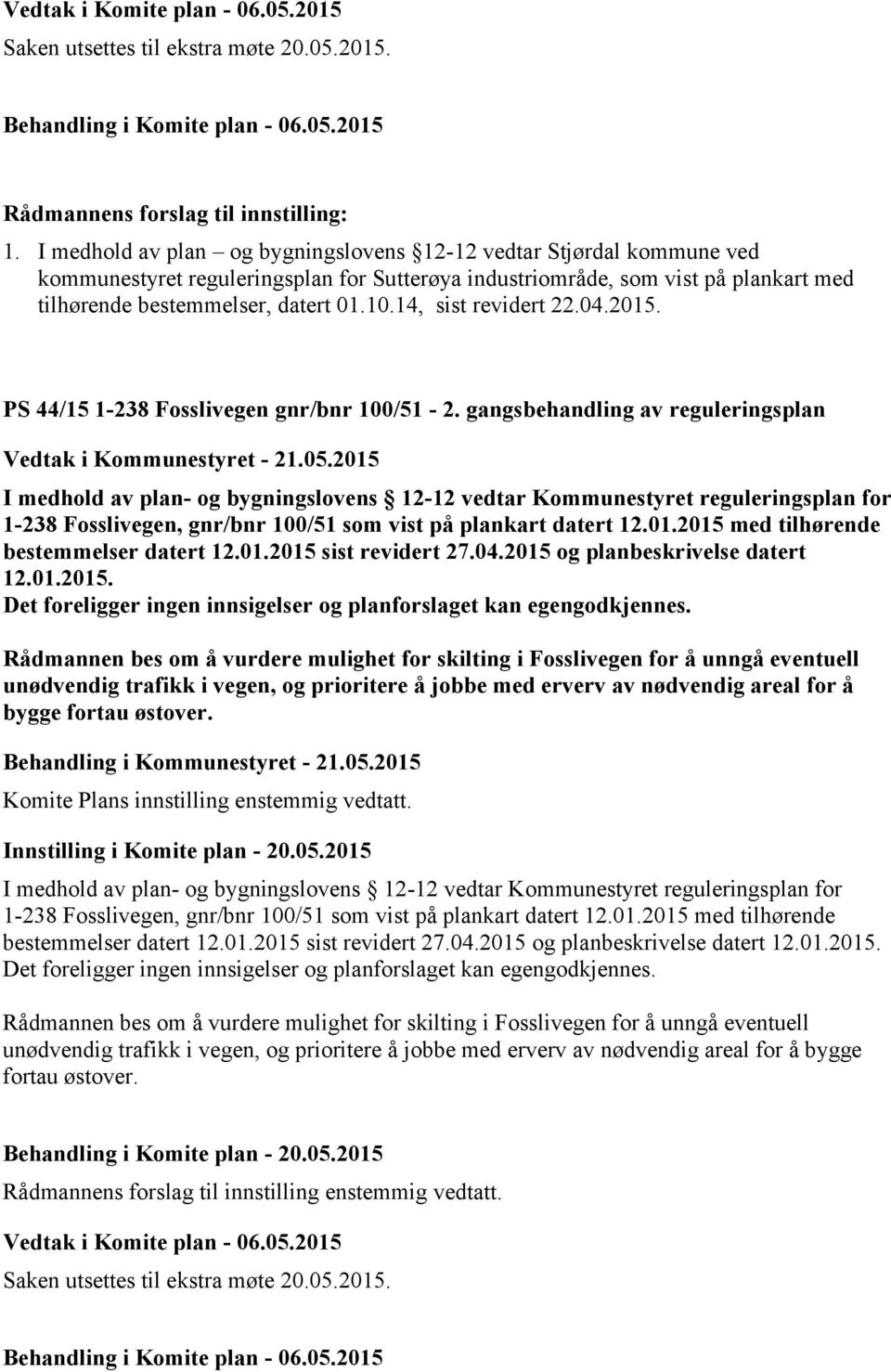 14, sist revidert 22.04.2015. PS 44/15 1-238 Fosslivegen gnr/bnr 100/51-2.