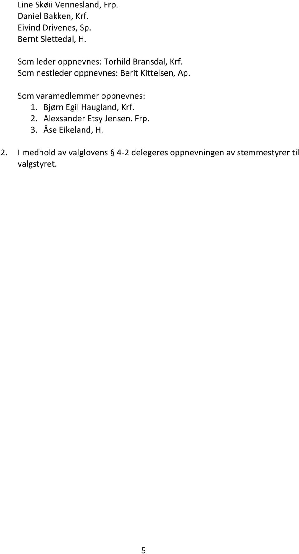 Som varamedlemmer oppnevnes: 1. Bjørn Egil Haugland, Krf. 2. Alexsander Etsy Jensen. Frp. 3.
