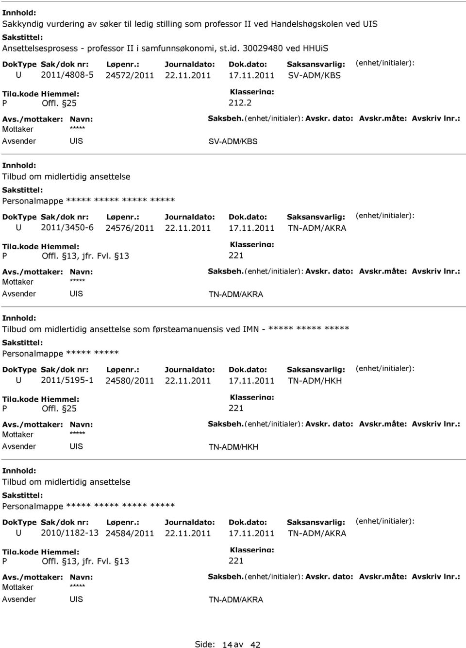 2011/3450-6 24576/2011 221 Tilbud om midlertidig ansettelse som førsteamanuensis ved MN - ***** ***** ***** ersonalmappe ***** *****