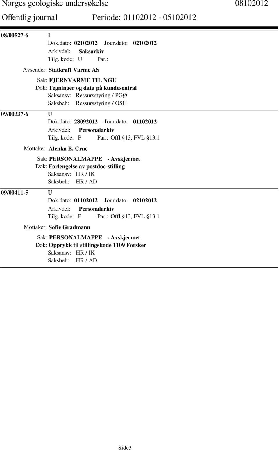 Ressursstyring / OSH 09/00337-6 U Dok.dato: 28092012 Jour.dato: 01102012 Tilg. kode: P Par.: Offl 13, FVL 13.1 Mottaker: Alenka E.