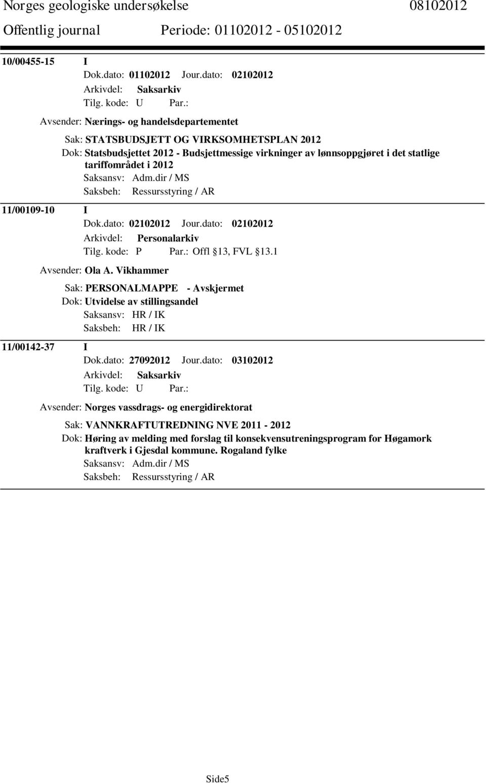 tariffområdet i 2012 Saksansv: Adm.dir / MS Saksbeh: Ressursstyring / AR 11/00109-10 I Dok.dato: 02102012 Jour.dato: 02102012 Tilg. kode: P Par.: Offl 13, FVL 13.1 Avsender: Ola A.