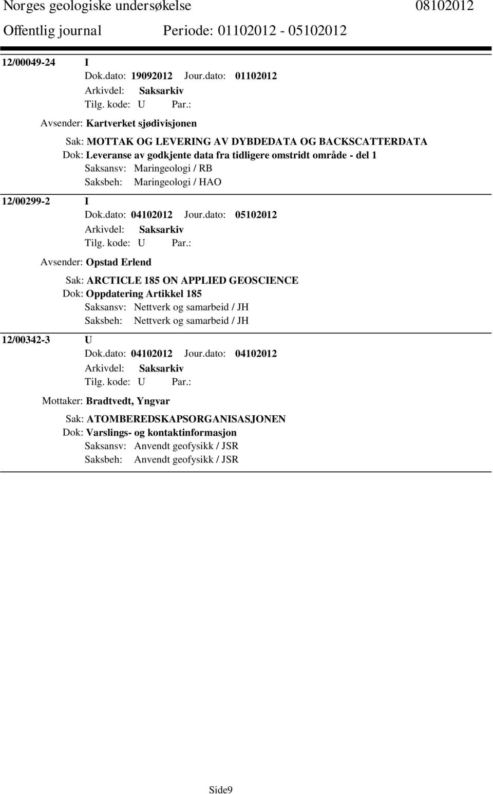 Saksansv: Maringeologi / RB Saksbeh: Maringeologi / HAO 12/00299-2 I Dok.dato: 04102012 Jour.