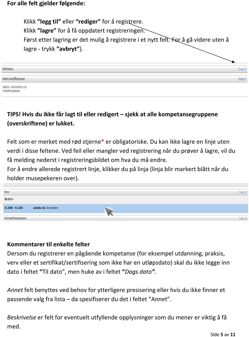 Felt som er merket med rød stjerne* er obligatoriske. Du kan ikke lagre en linje uten verdi i disse feltene.