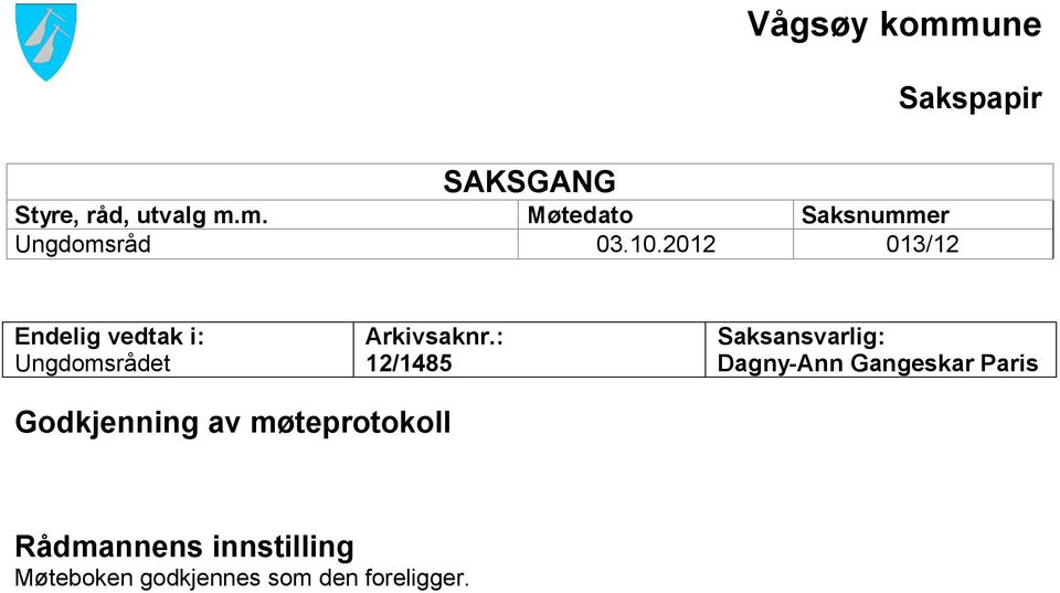 : 12/1485 Saksansvarlig: Dagny-Ann Gangeskar Paris Godkjenning av