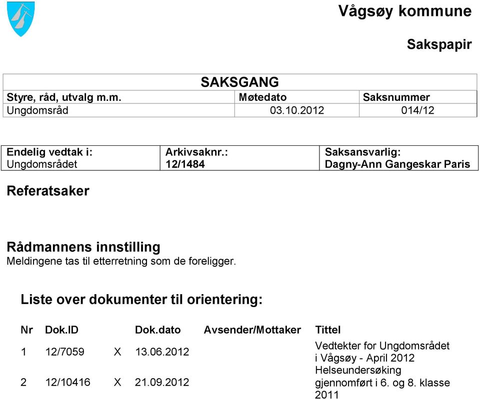 : 12/1484 Saksansvarlig: Dagny-Ann Gangeskar Paris Rådmannens innstilling Meldingene tas til etterretning som de foreligger.