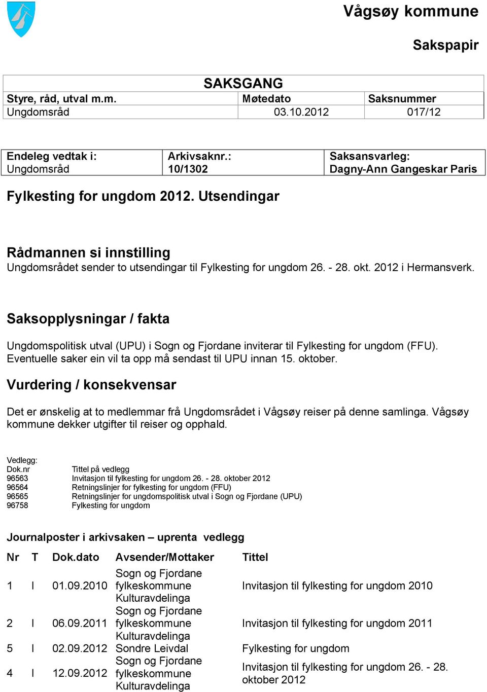 2012 i Hermansverk. Saksopplysningar / fakta Ungdomspolitisk utval (UPU) i Sogn og Fjordane inviterar til Fylkesting for ungdom (FFU). Eventuelle saker ein vil ta opp må sendast til UPU innan 15.