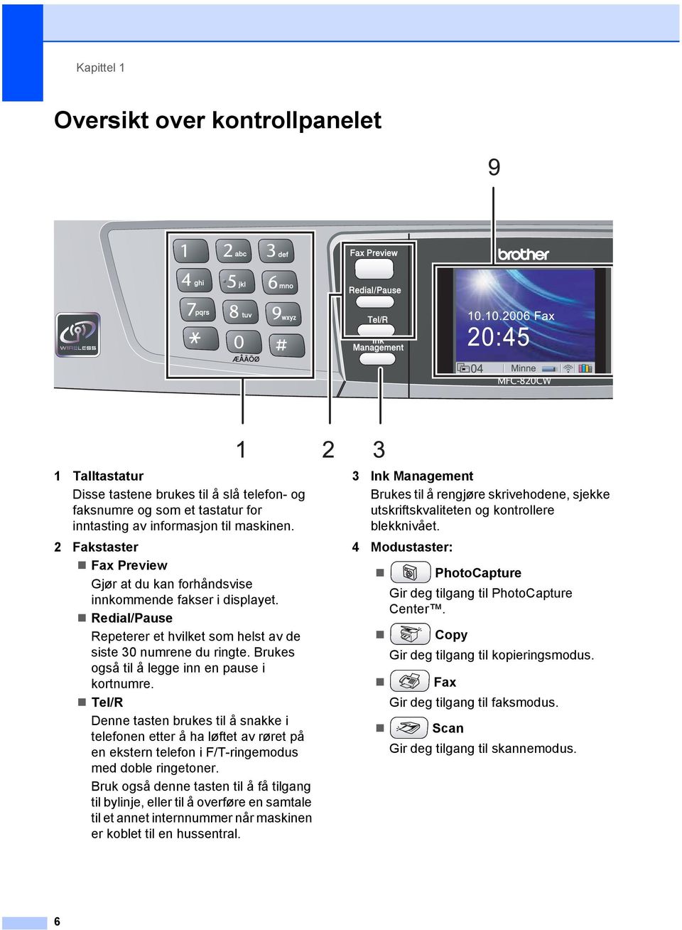 Brukes også til å legge inn en pause i kortnumre. Tel/R Denne tasten brukes til å snakke i telefonen etter å ha løftet av røret på en ekstern telefon i F/T-ringemodus med doble ringetoner.