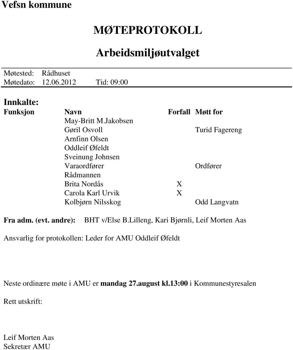 Forfall X X Møtt for Turid Fagereng Ordfører Odd Langvatn Fra adm. (evt. andre): BHT v/else B.