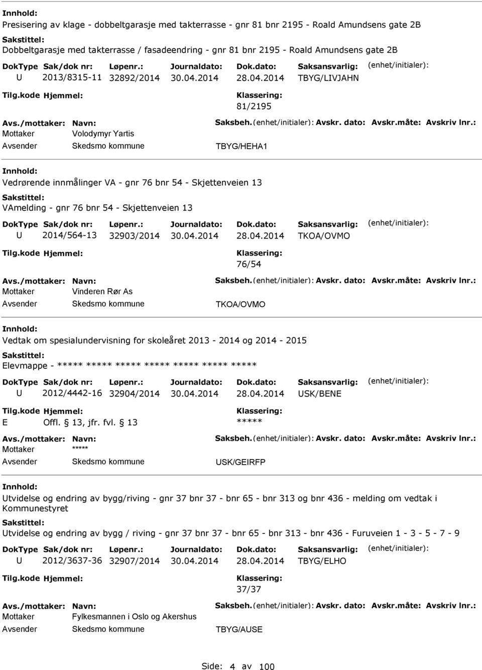 : Mottaker Volodymyr Yartis TBYG/HH1 Vedrørende innmålinger V - gnr 76 bnr 54 - Skjettenveien 13 Vmelding - gnr 76 bnr 54 - Skjettenveien 13 2014/564-13 32903/2014 TKO/OVMO 76/54 vs.