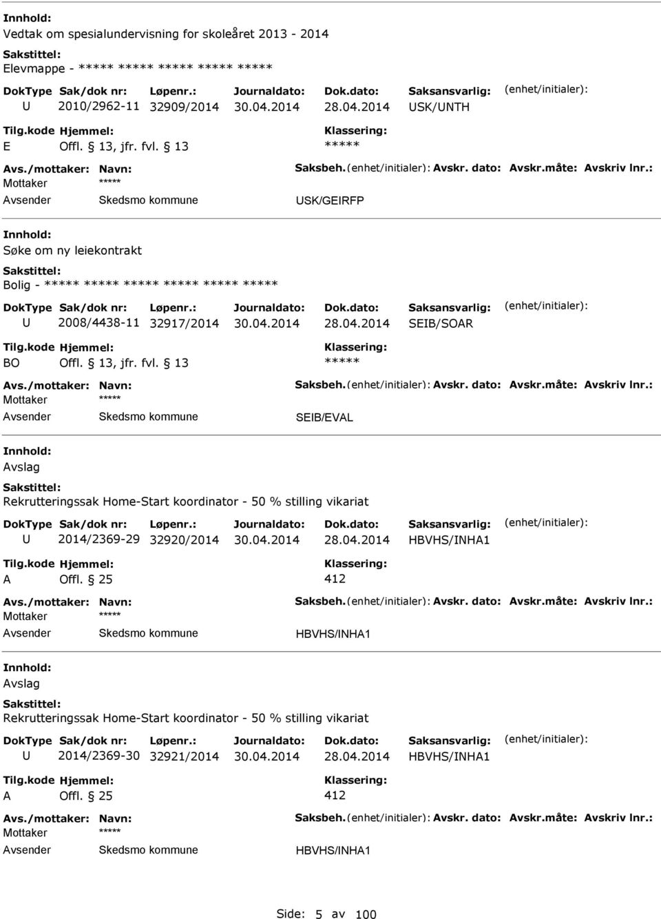 : SB/VL vslag Rekrutteringssak Home-Start koordinator - 50 % stilling vikariat 2014/2369-29 32920/2014 HBVHS/NH1 412 vs./mottaker: Navn: Saksbeh. vskr. dato: vskr.