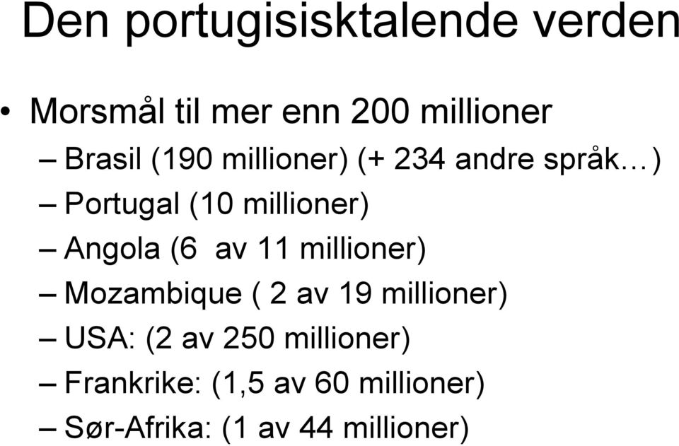 av 11 millioner) Mozambique ( 2 av 19 millioner) USA: (2 av 250