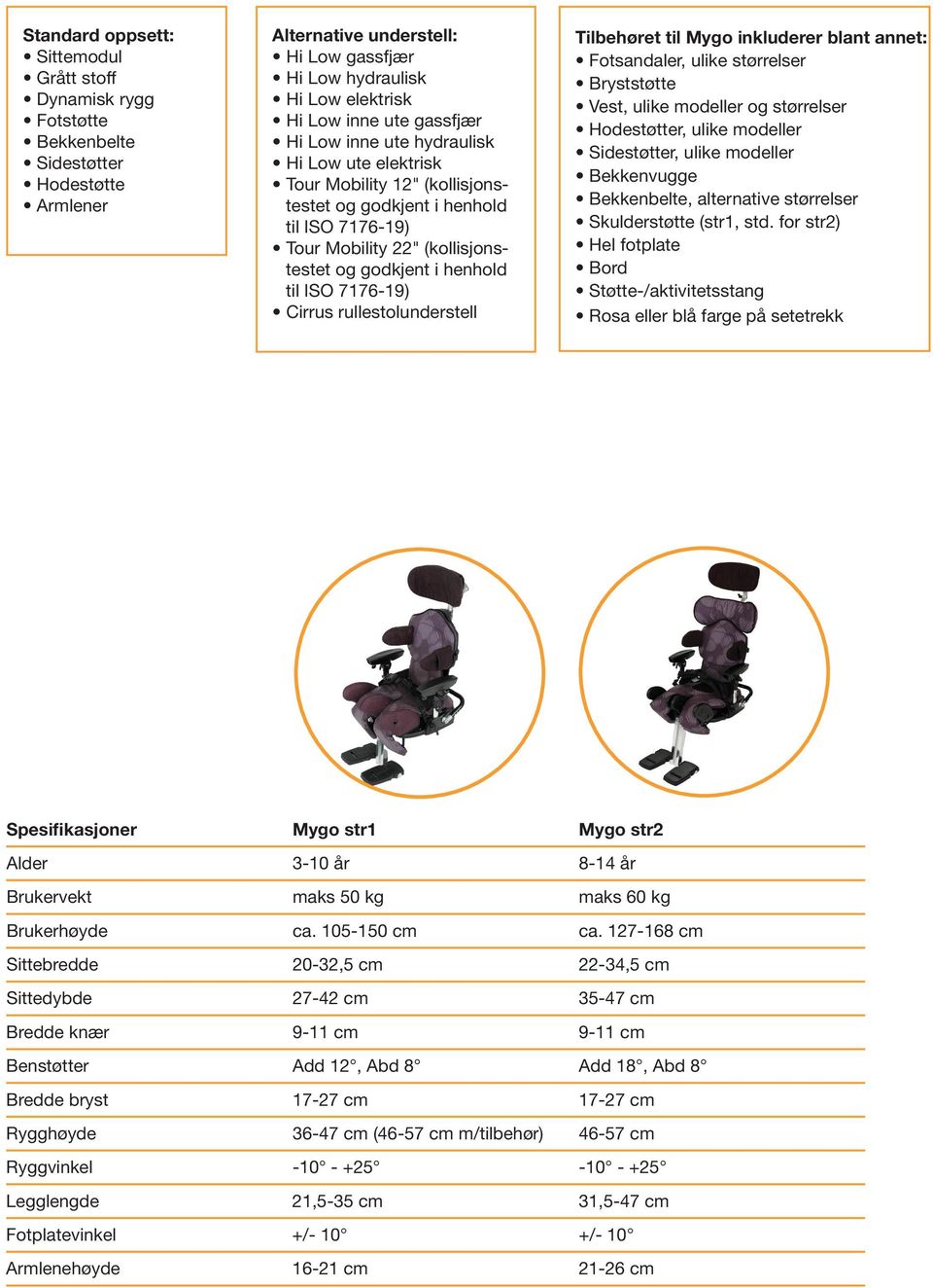 7176-19) Cirrus rullestolunderstell Tilbehøret til Mygo inkluderer blant annet: Fotsandaler, ulike størrelser Bryststøtte Vest, ulike modeller og størrelser Hodestøtter, ulike modeller Sidestøtter,