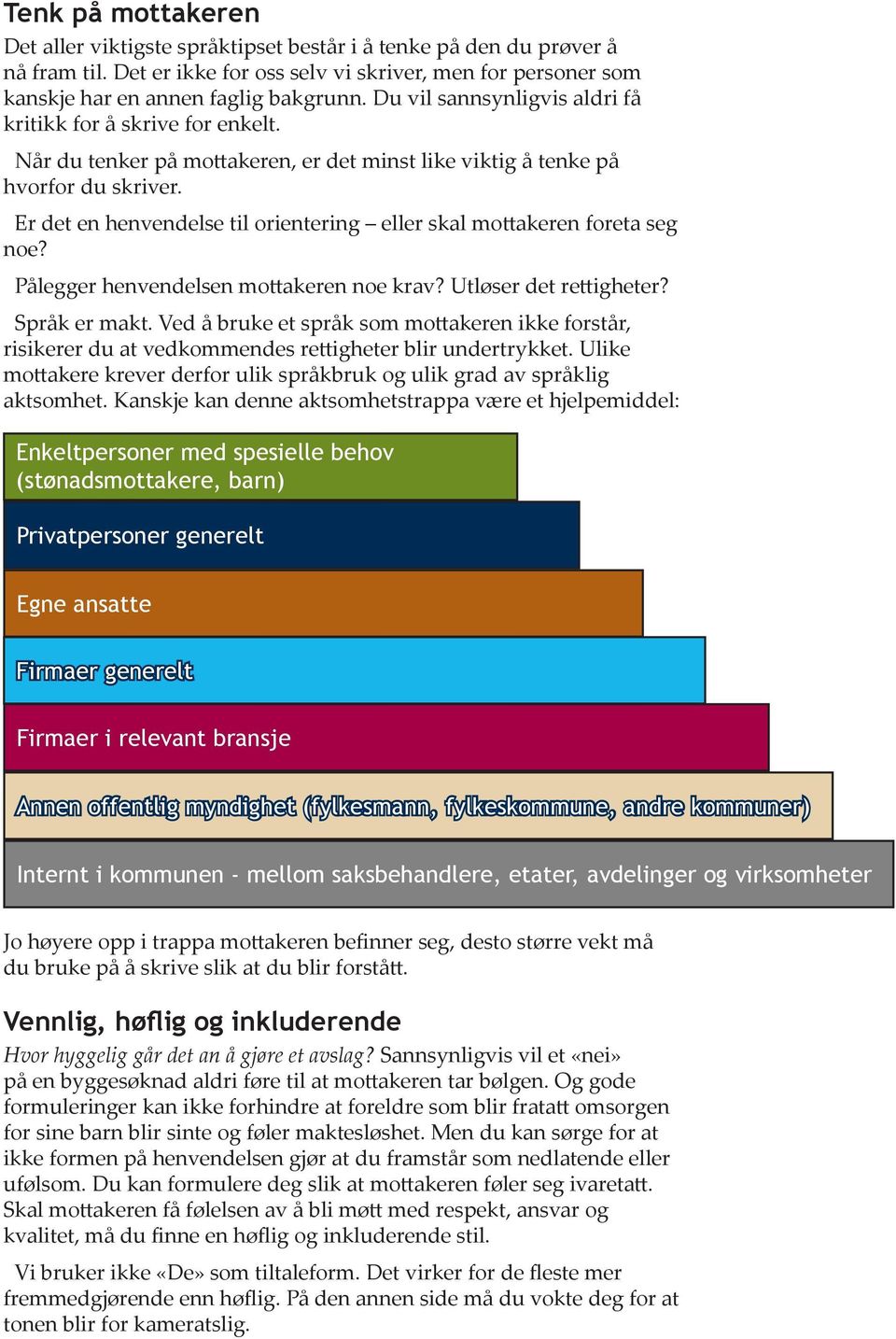 Er det en henvendelse til orientering eller skal mottakeren foreta seg noe? Pålegger henvendelsen mottakeren noe krav? Utløser det rettigheter? Språk er makt.