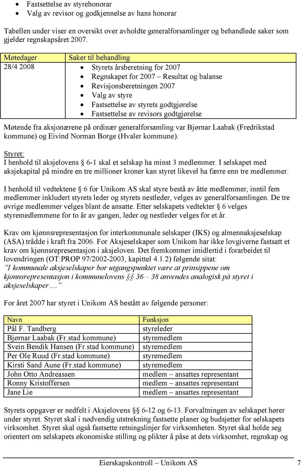 Fastsettelse av revisors godtgjørelse Møtende fra aksjonærene på ordinær generalforsamling var Bjørnar Laabak (Fredrikstad kommune) og Eivind Norman Borge (Hvaler kommune).