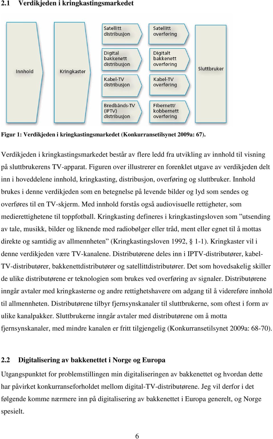 Figuren over illustrerer en forenklet utgave av verdikjeden delt inn i hoveddelene innhold, kringkasting, distribusjon, overføring og sluttbruker.