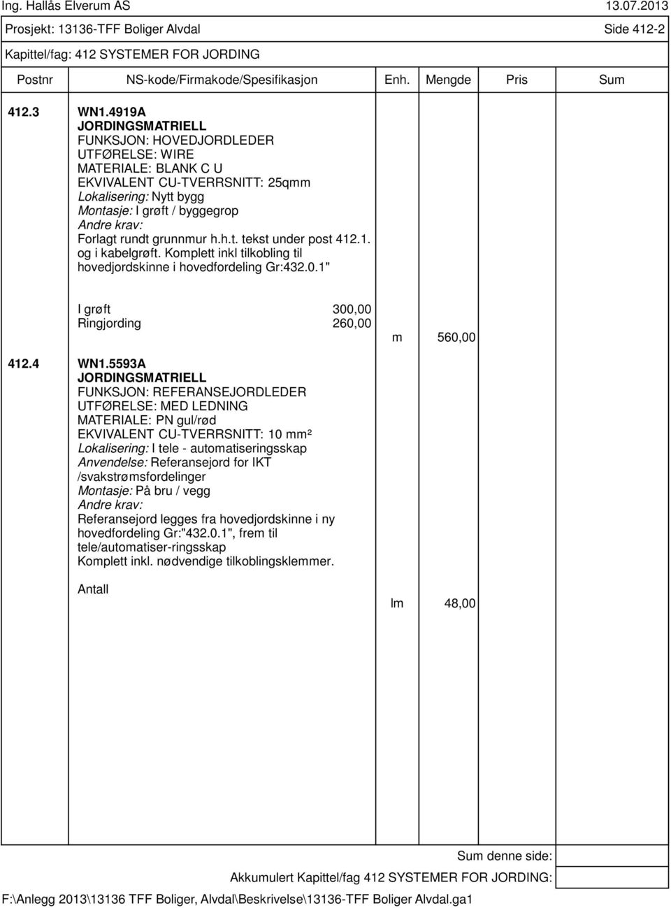 1. og i kabelgrøft. Komplett inkl tilkobling til hovedjordskinne i hovedfordeling Gr:432.0.1" I grøft 300,00 Ringjording 260,00 m 560,00 412.4 WN1.