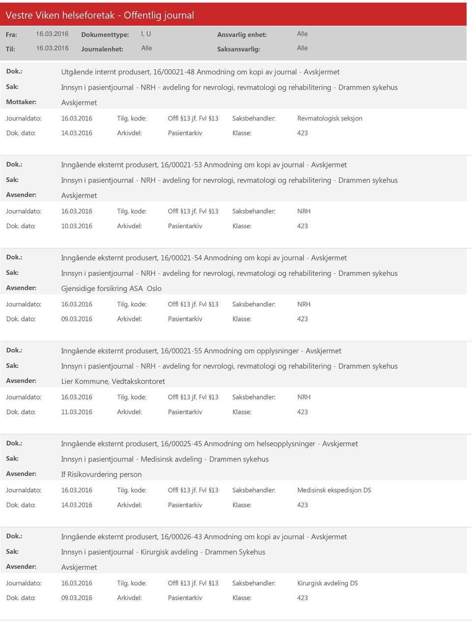 2016 Arkivdel: Pasientarkiv Inngående eksternt produsert, 16/00021-53 Anmodning om kopi av journal - Innsyn i pasientjournal - NRH - avdeling for nevrologi, revmatologi og rehabilitering - Drammen