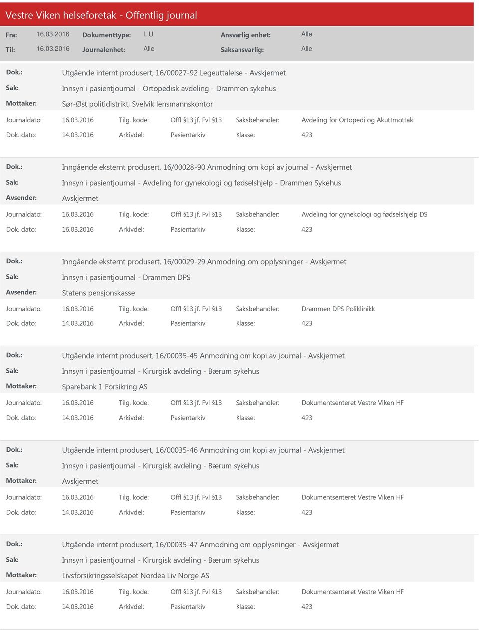 2016 Arkivdel: Pasientarkiv Inngående eksternt produsert, 16/00028-90 Anmodning om kopi av journal - Innsyn i pasientjournal - Avdeling for gynekologi og fødselshjelp - Drammen Sykehus Avdeling for