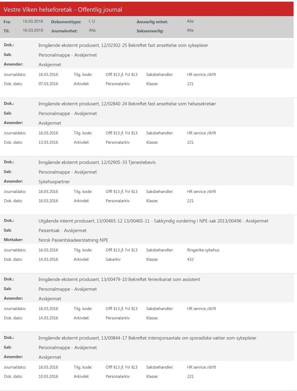 2016 Arkivdel: Personalarkiv Inngående eksternt produsert, 12/02905-33 Tjenestebevis Personalmappe - Sykehuspartner Dok.