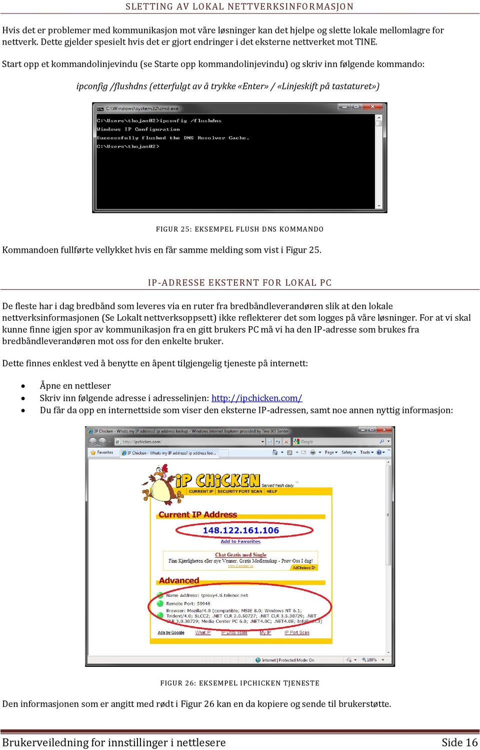 Start opp et kommandolinjevindu (se Starte opp kommandolinjevindu) og skriv inn følgende kommando: ipconfig /flushdns (etterfulgt av å trykke «Enter» / «Linjeskift på tastaturet») FIGUR 25: EKSEMPEL