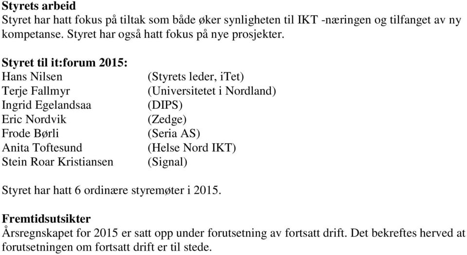 Styret til it:forum 2015: Hans Nilsen Terje Fallmyr Ingrid Egelandsaa Eric Nordvik Frode Børli Anita Toftesund Stein Roar Kristiansen (Styrets leder,