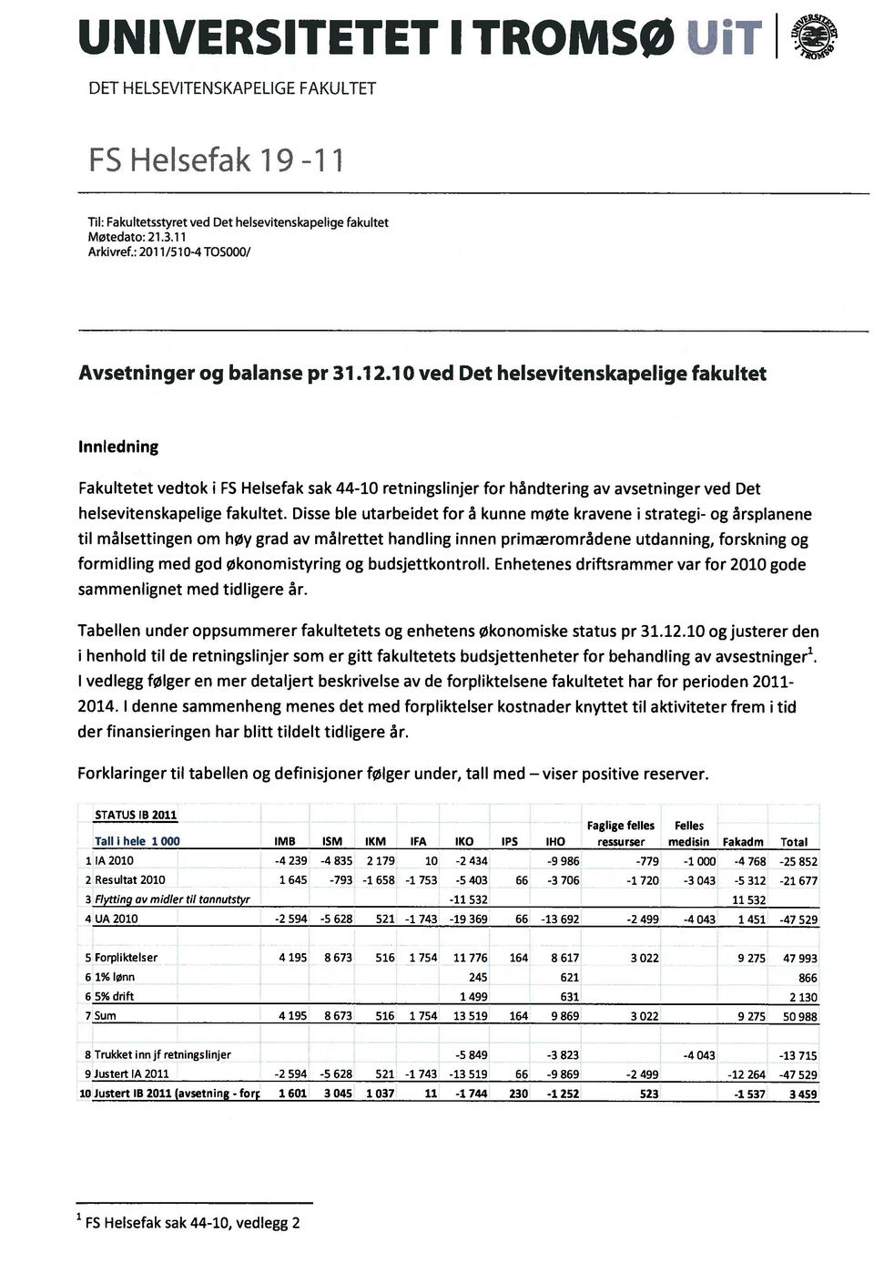 10 ved Det helsevitenskapelige fakultet Inniedning Fakultetet vedtok I FS Helsefak sak 44-10 retningslinjer for hândtering av avsetninger ved Det helsevitenskapelige fakultet.