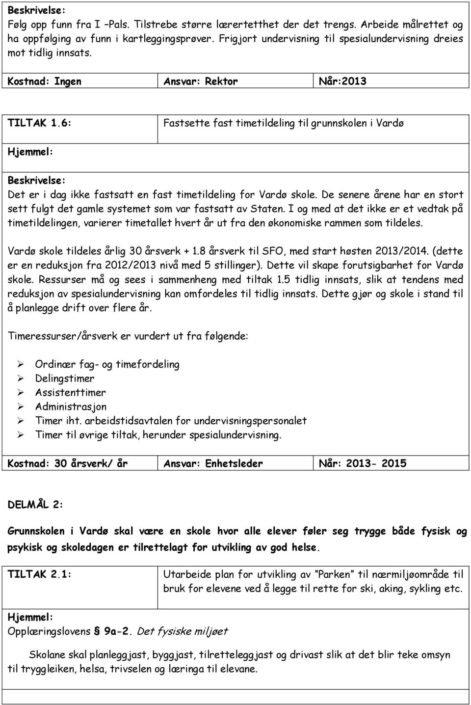 6: Fastsette fast timetildeling til grunnskolen i Vardø Det er i dag ikke fastsatt en fast timetildeling for Vardø skole.