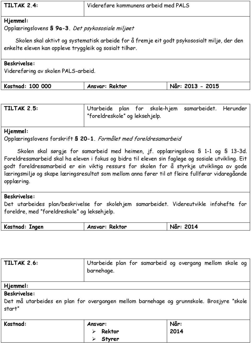 Videreføring av skolen PALS-arbeid. Kostnad: 100 000 Ansvar: Rektor Når: 2013-2015 TILTAK 2.5: Utarbeide plan for skole-hjem samarbeidet. Herunder foreldreskole og leksehjelp.