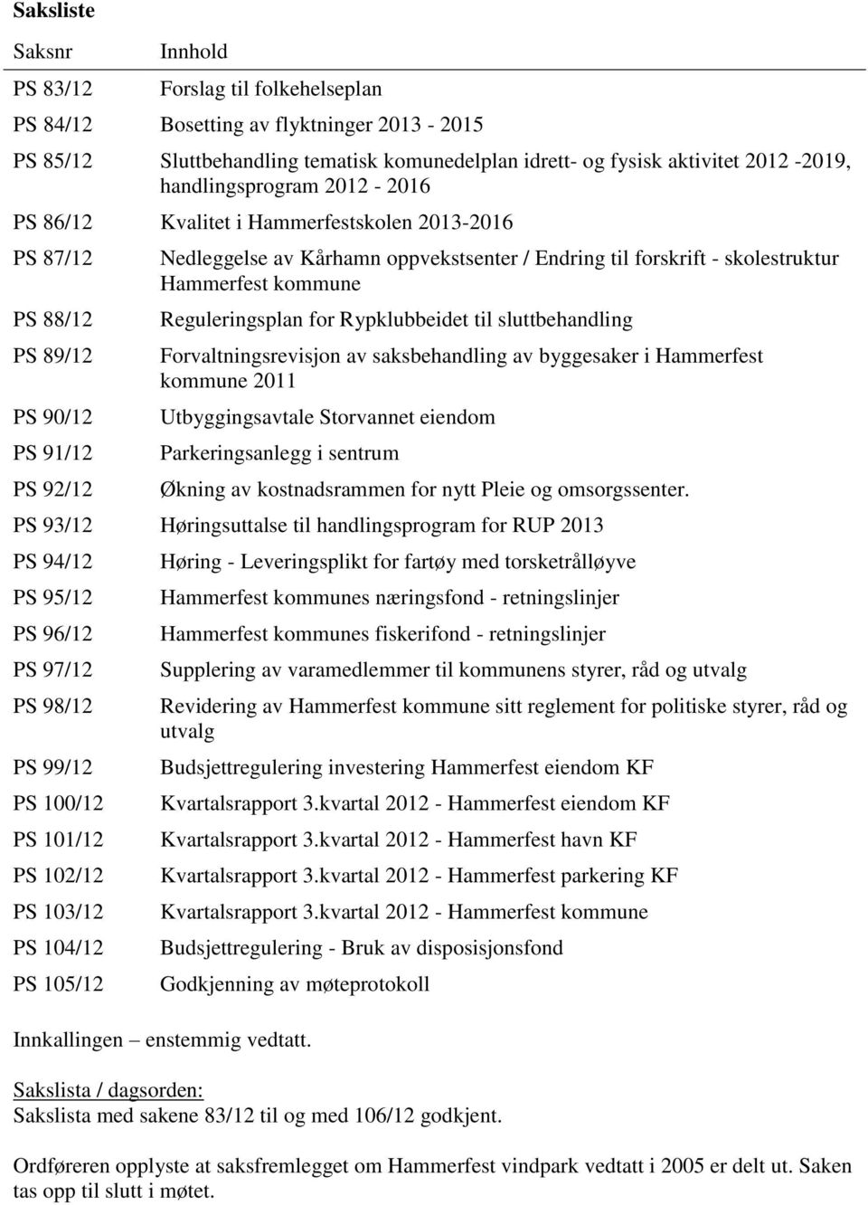 skolestruktur Hammerfest kommune Reguleringsplan for Rypklubbeidet til sluttbehandling Forvaltningsrevisjon av saksbehandling av byggesaker i Hammerfest kommune 2011 Utbyggingsavtale Storvannet