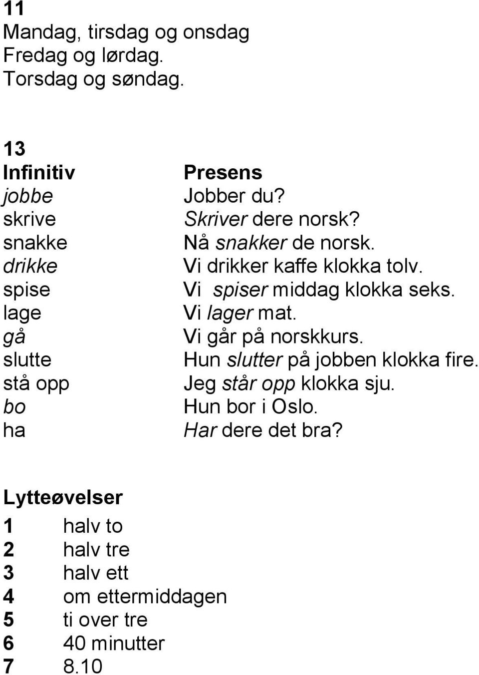 Nå snkker de norsk. Vi drikker kffe klokk tolv. Vi spiser middg klokk seks. Vi lger mt. Vi går på norskkurs.