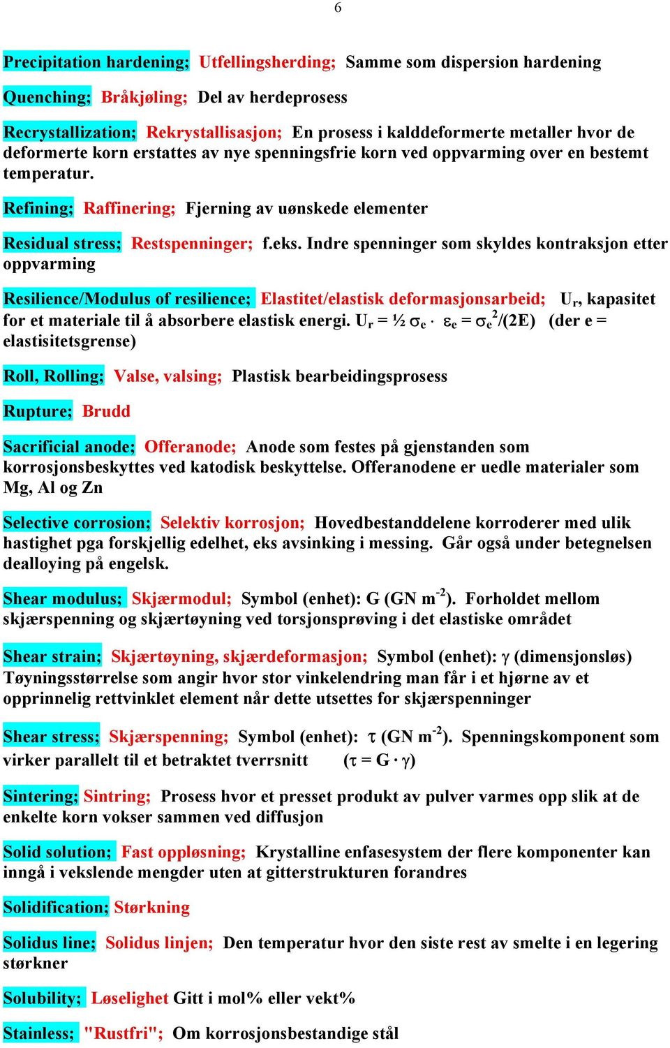 Indre spenninger som skyldes kontraksjon etter oppvarming Resilience/Modulus of resilience; Elastitet/elastisk deformasjonsarbeid; U r, kapasitet for et materiale til å absorbere elastisk energi.